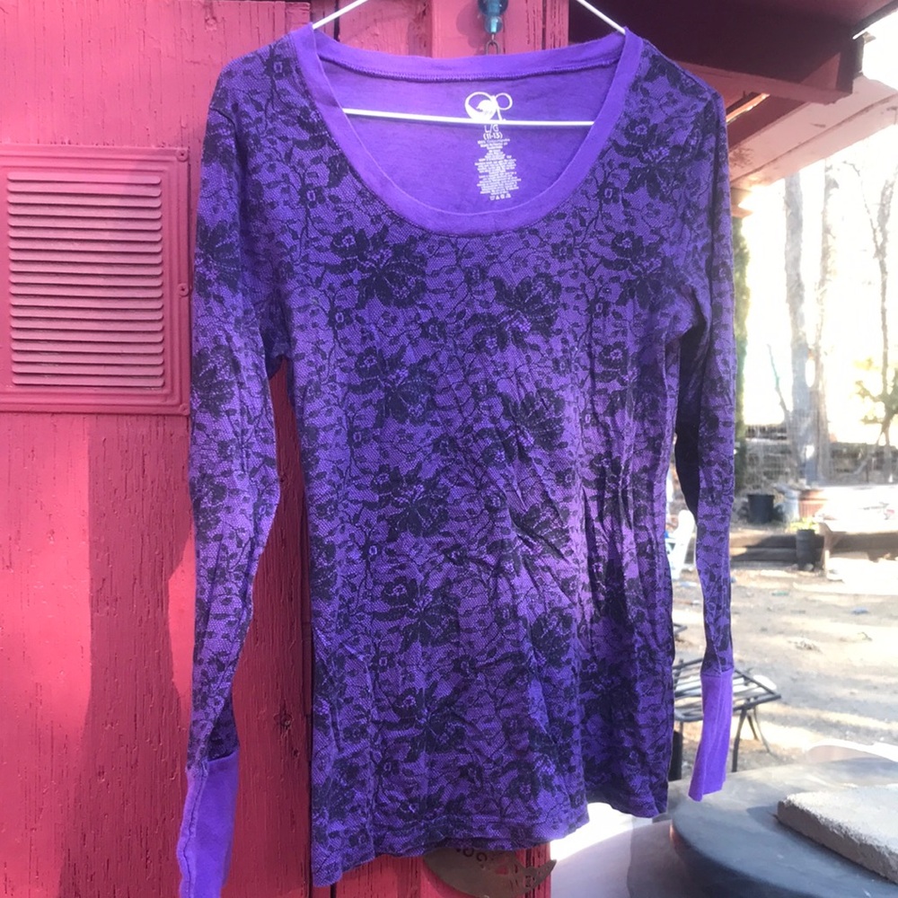 Fitted Purple Long Sleeve Scoop Neck Blouse